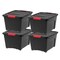 IRIS USA 32 Qt Stackable Plastic Storage Bins with Lids, 4 Pack - BPA-Free, Made in USA - Garage Organizing Solution, Latches, Durable Nestable Containers, Secure Pull Handle - Black